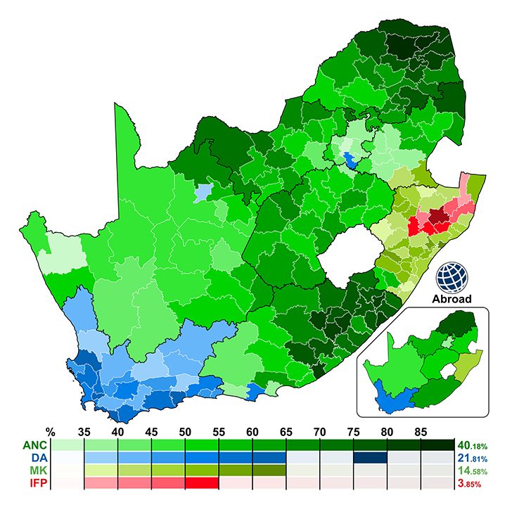 Plurality party by municipalities and provinces: 2024 South African general election: largest party in each municipality. Credit: 沁水湾 /Wikimedia.