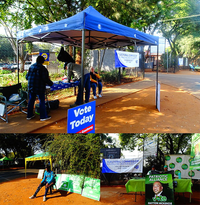 Various political parties exhibit their propaganda on 2024 Elections Day at a high school in Silverton, Pretoria which functioned as a polling station. Credit: Worldwide.