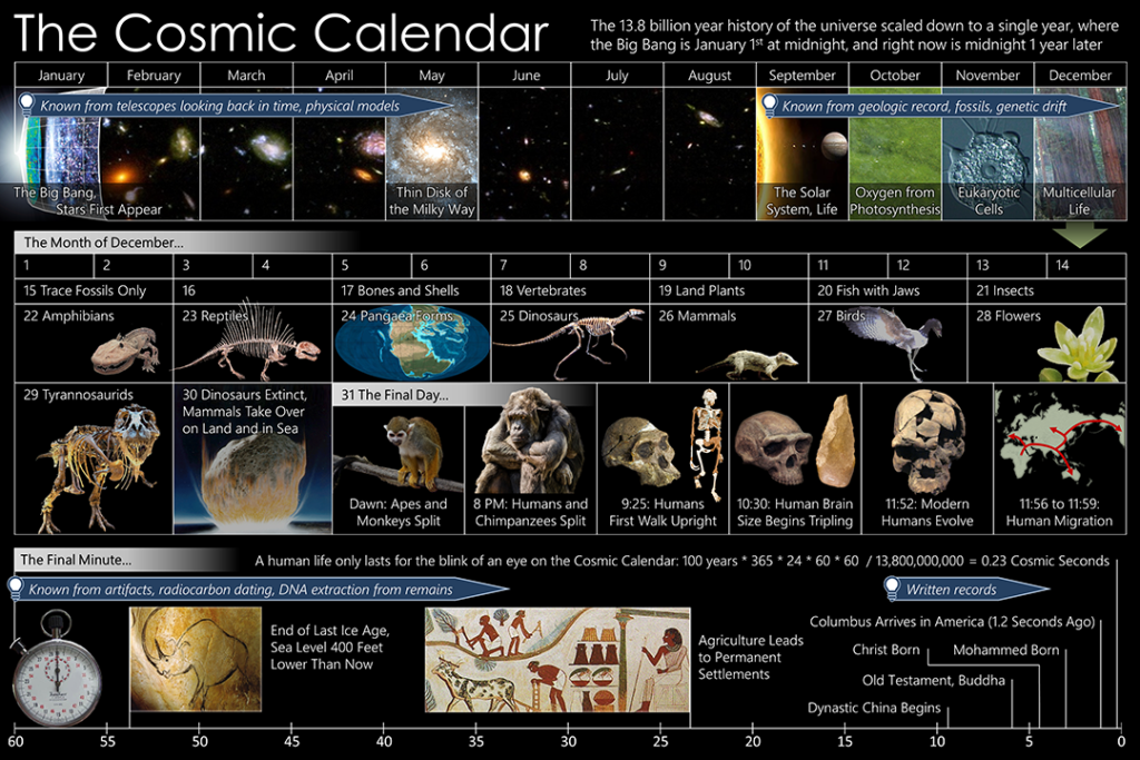 Cosmic Calendar. The 13.8-billion-year lifetime of the universe mapped onto a single year. Credit: UserEfbrazil/wikimedia.