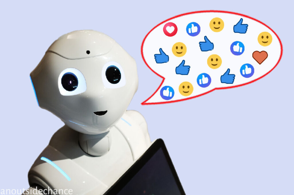 Robot engaging with social media feedback. Existential threat of artificial stupidity. Credit: anoutsidechance.com